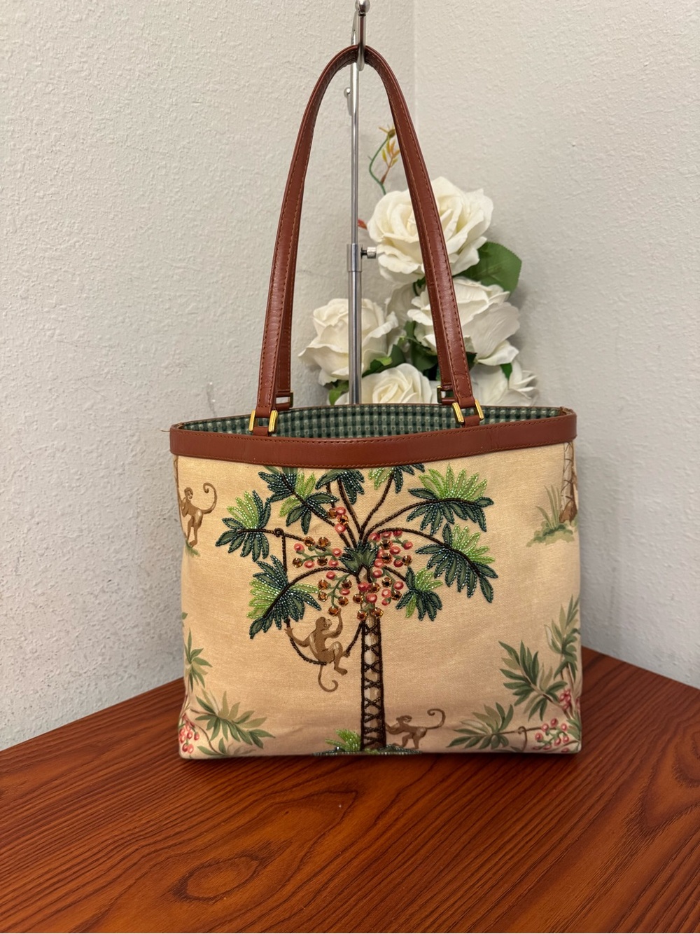 Isabella Fiore Cream Canvas Palm Tree Tote with Brown Leather Handles